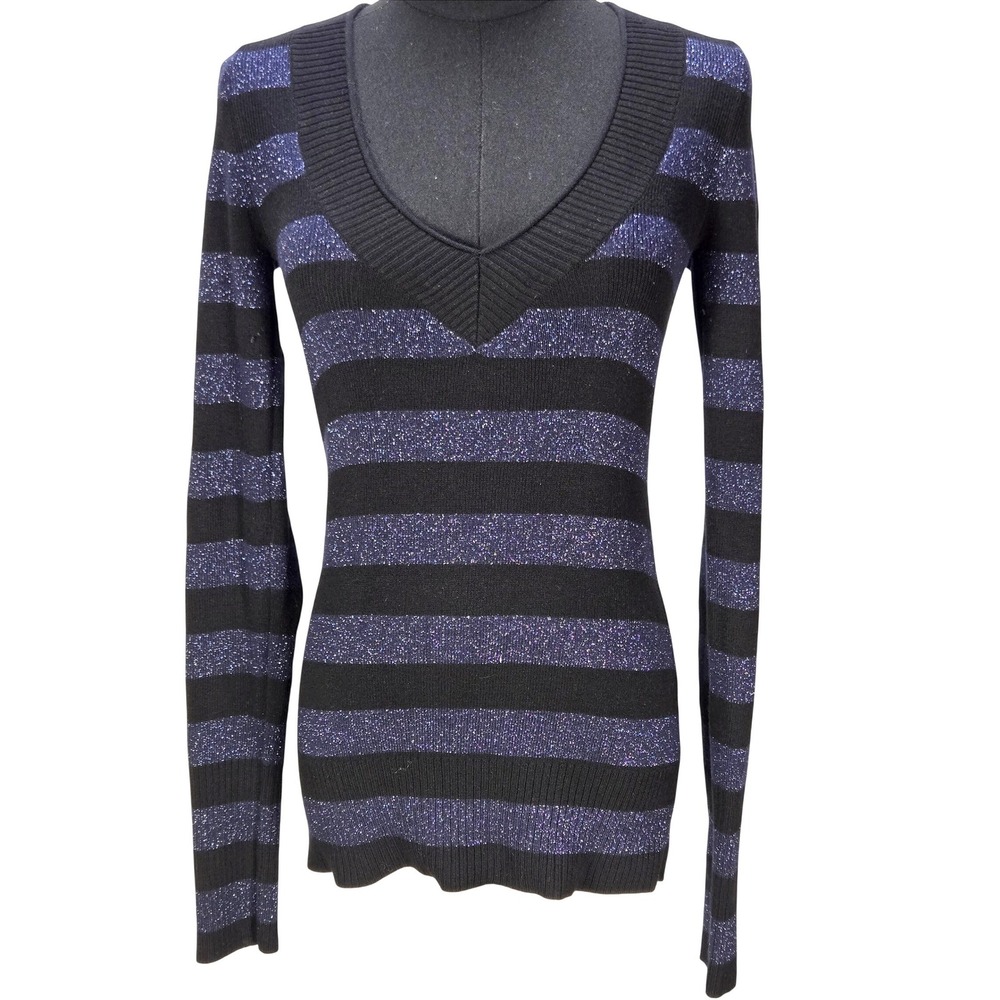 Women's Y2K Small Sweater Purple Black Metallic Glitter Striped V-Neck